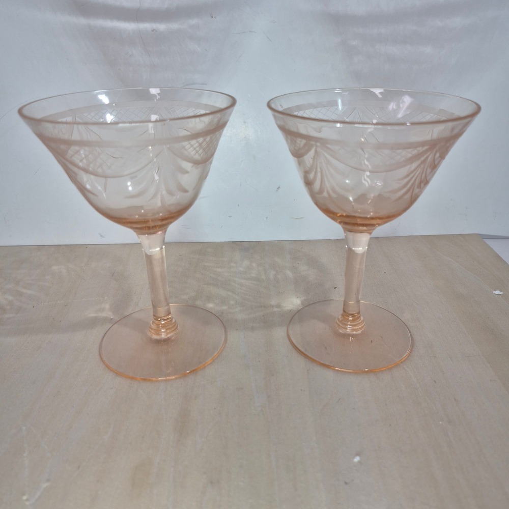 Vintage Pink Depression Glass Etched Champagne Coupes Tall Sherbet Glasses Set 2